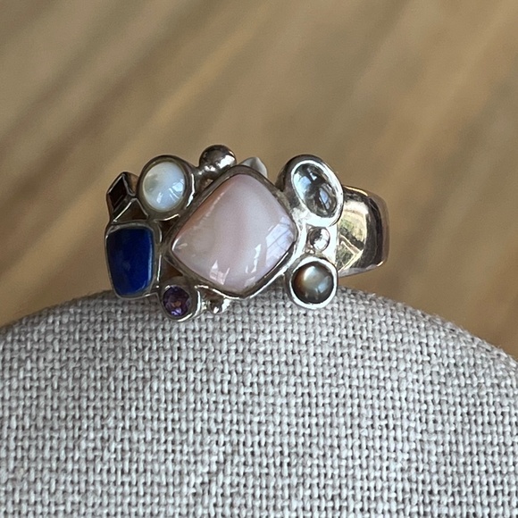 Vintage Ring signed 925 LT lapis, pearl, amethyst garnet aquamarine sz 9. - Picture 2 of 11